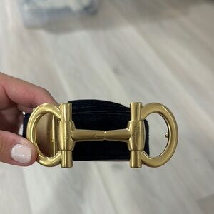 Salvatore Ferragamo NavyVelvet Belt with Gold Buckle